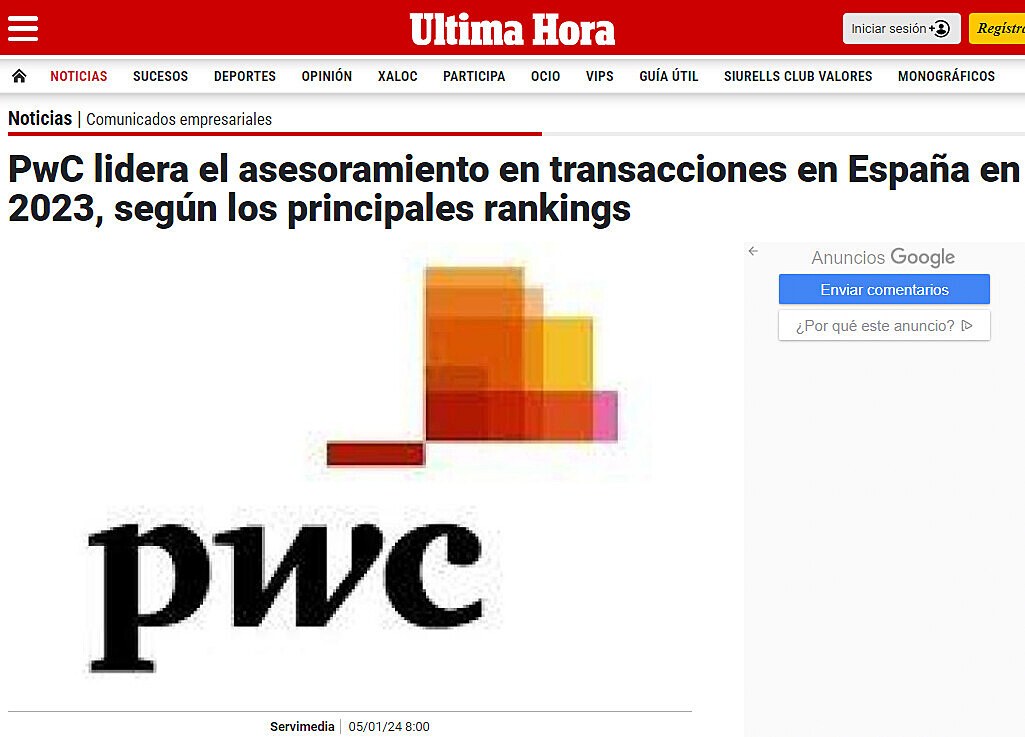 PwC lidera el asesoramiento en transacciones en Espaa en 2023, segn los principales rankings